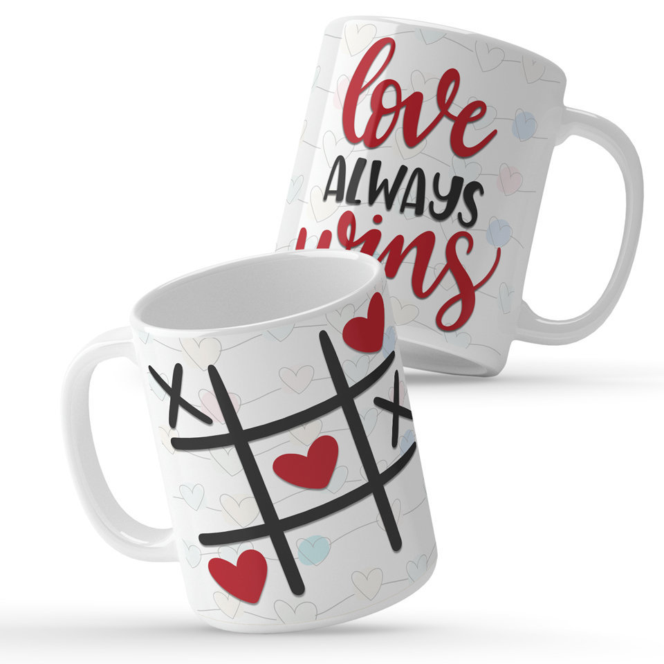 Printed Ceramic Coffee Mug | Love Always Wins  Tik Toe | Family | 325 Ml | Set of 2pcs Mug